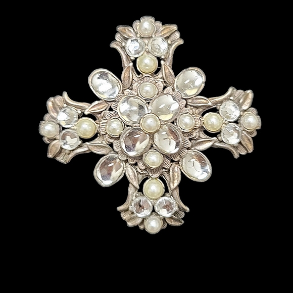 Vintage Cross Silvertone Brooch Pin. Estate Piece Marked Silver Starrs. - Picture 1 of 3